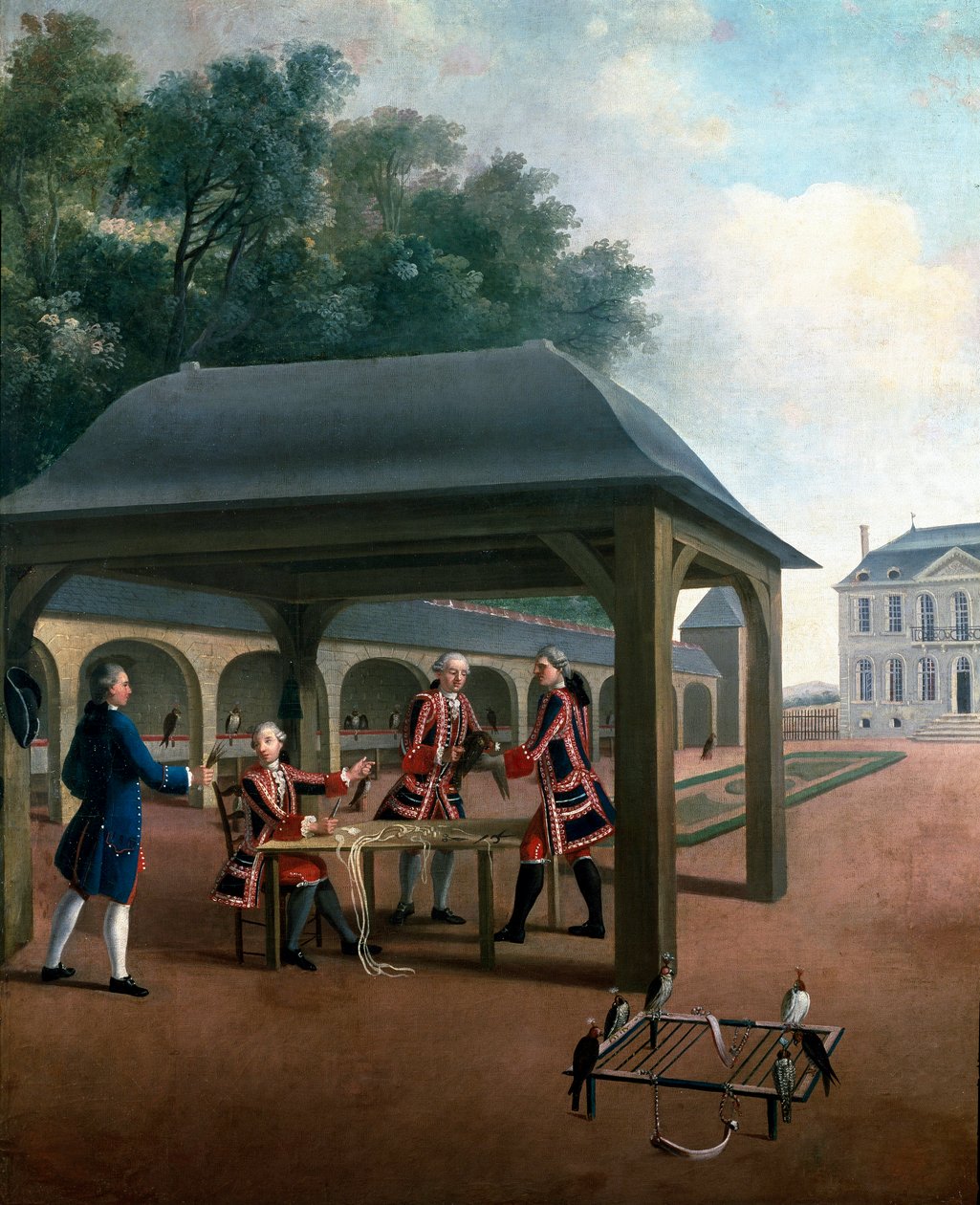 Falkejagt opdrætter falke til jagt. Maleri af den franske skole i det 18. århundrede. Versailles, slotsmuseum af French School