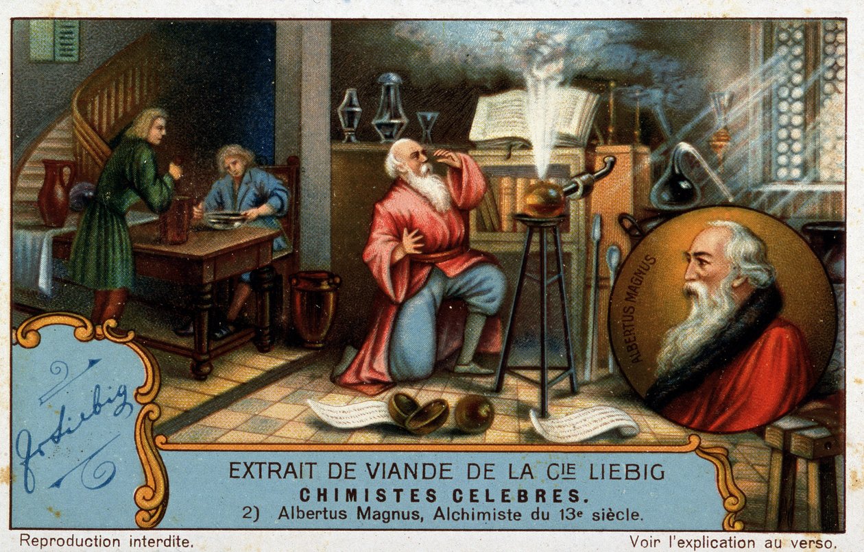 Berømte kemikere: Albrecht von Bollstadt kendt som Albert den Store eller Albertus Magnus (1206 - 1280), dominikansk bror, tysk kemiker og alkymist professor i Thomas Aquinas kan repræsenteres som en lærling på billedet af French School