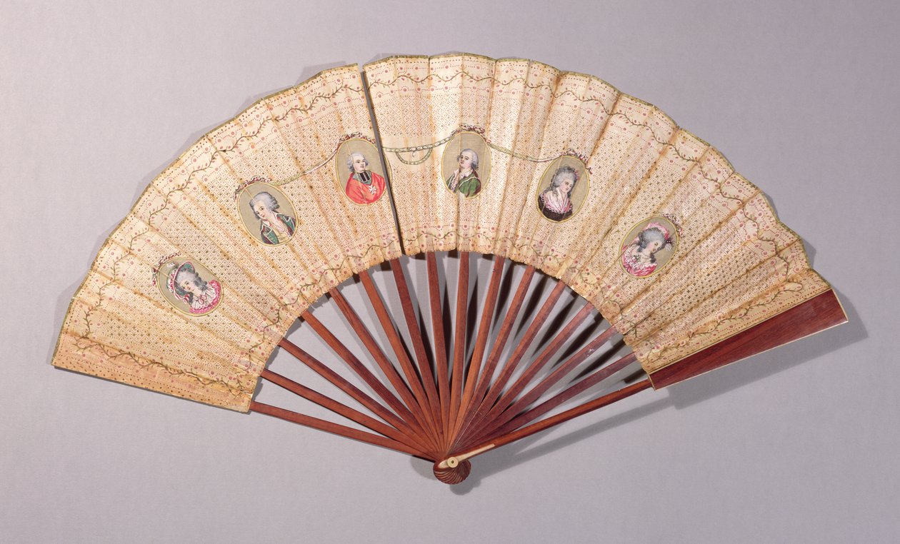 Fan, der skildrer karakterer involveret i Affaire du Collier, 1786 (wc på papir) af French School