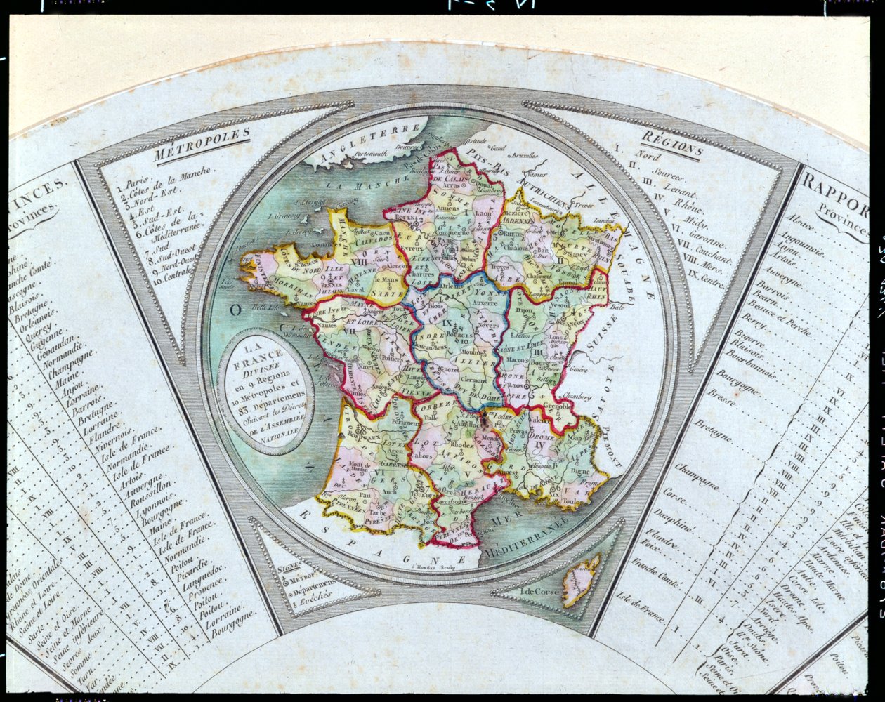 Fan, der viser kortet over Frankrig som opdelt i 9 regioner, 10 metropoler og 83 departementer, 1790 af French School