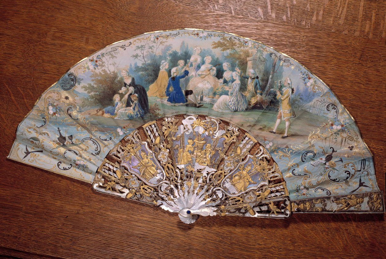 Fan, der repræsenterer en landlig smag. En gruppe adelige picnic i en park. Chantilly fra det 18. århundrede, Conde museum af French School