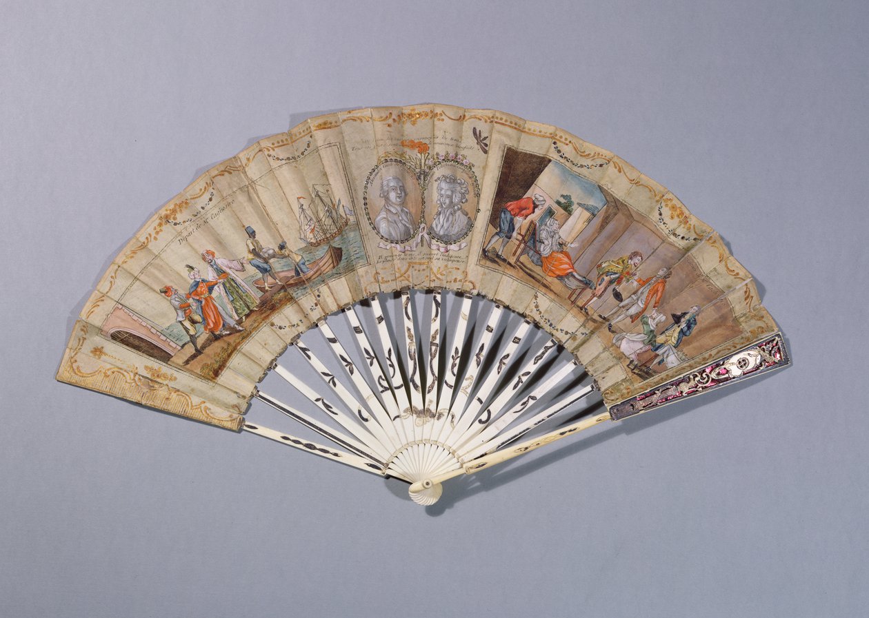 Vifte med illustrationer fra Grevinden af Cagliostro, ca. 1786 (gouache på papir og elfenben) af French School