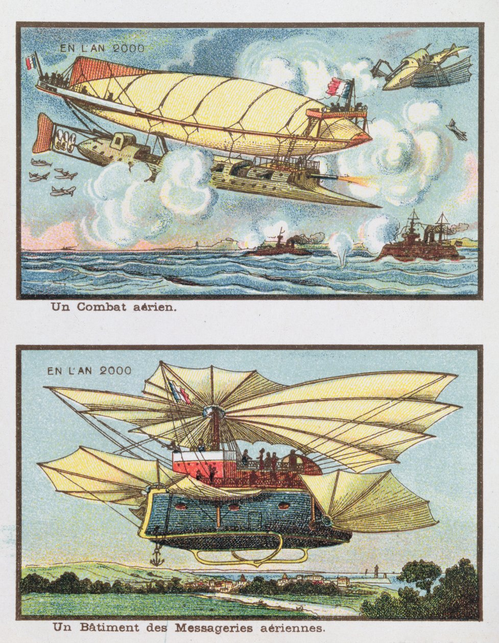 Fantasiskildringer af et luftslag og af et fly til godstransport i år 2000, ca. 1910 af French School