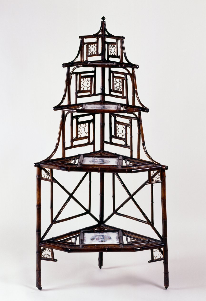 Fjernøsten stil Second Empire (Napoleon III) bambus hjørne etagere plantestand med franske majolika fliser og fire etager, 2. halvdel af 1800-tallet, Frankrig af French School