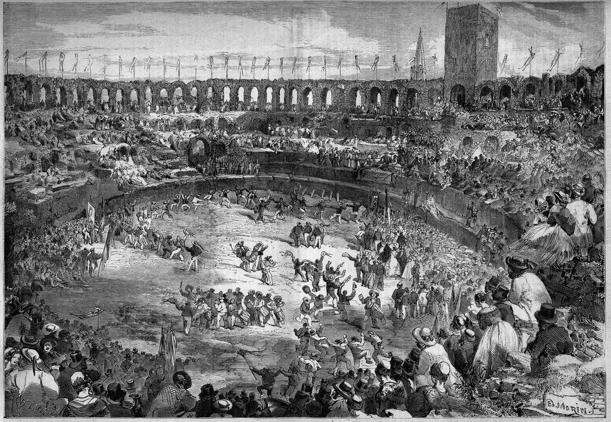 Farandole dansede i arenaen i Arles (Bouches du Rhone af French School