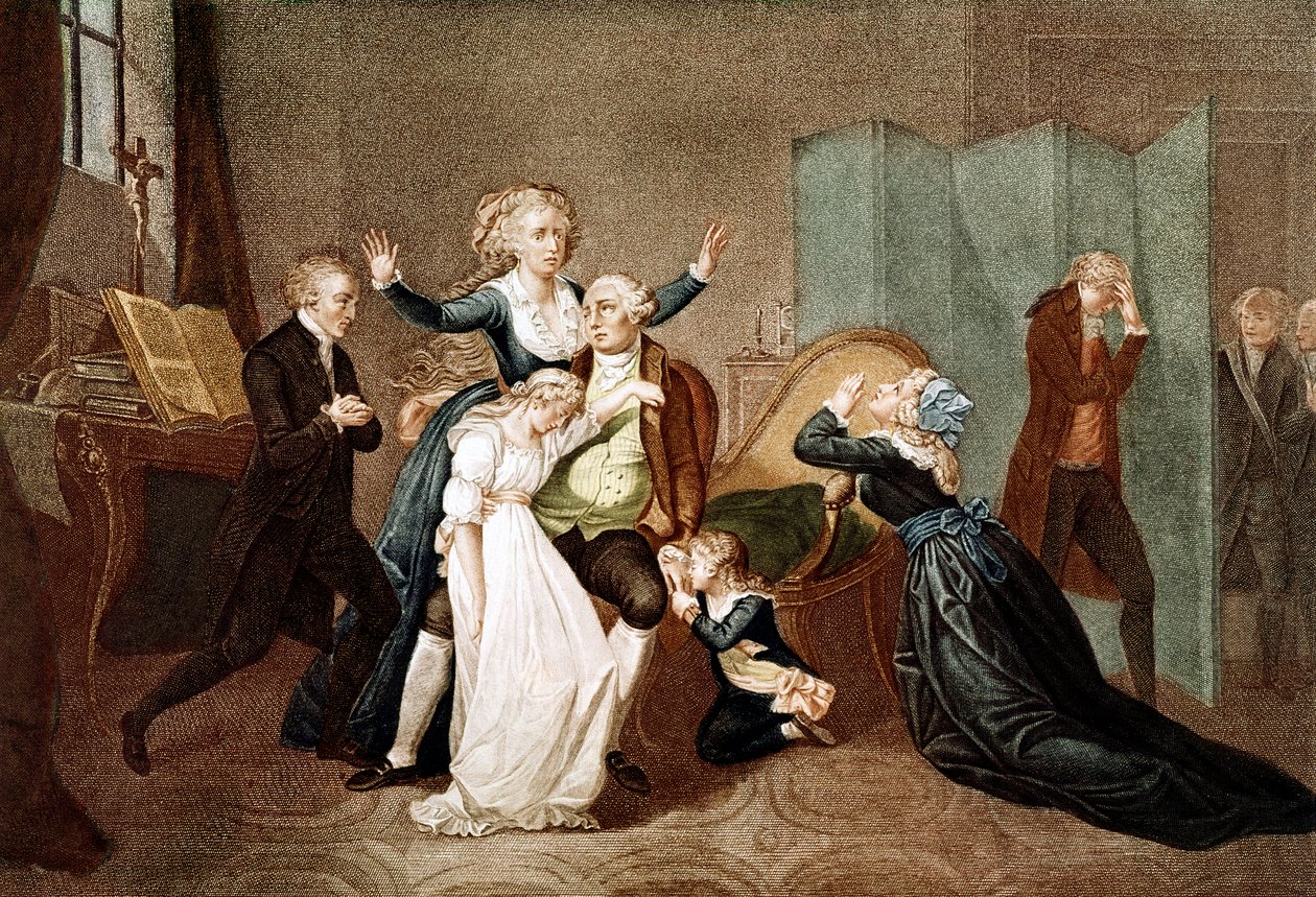 Farvel til Louis XVI af hans familie i templet, 20. januar 1793 - Det sidste interview af Louis XVI med hans familie (Marie Antoinette og deres børn Marie Therese eller Madame Royale (1778-1851) og Louis XVII (1785-1795), aftenen før hans henrettelse i T af French School