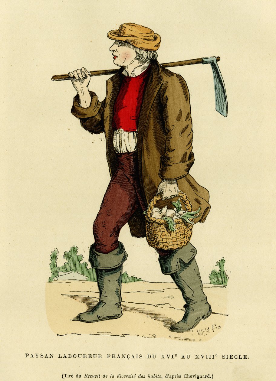 Bondedragt fra det 17. til det 18. århundrede. Farvestik efter en tegning af Chevignard, i "France et les francais a travers les centuries" af Augustin Challamel, F.Roy-redaktør, Paris 1882. Selva-samling. af French School