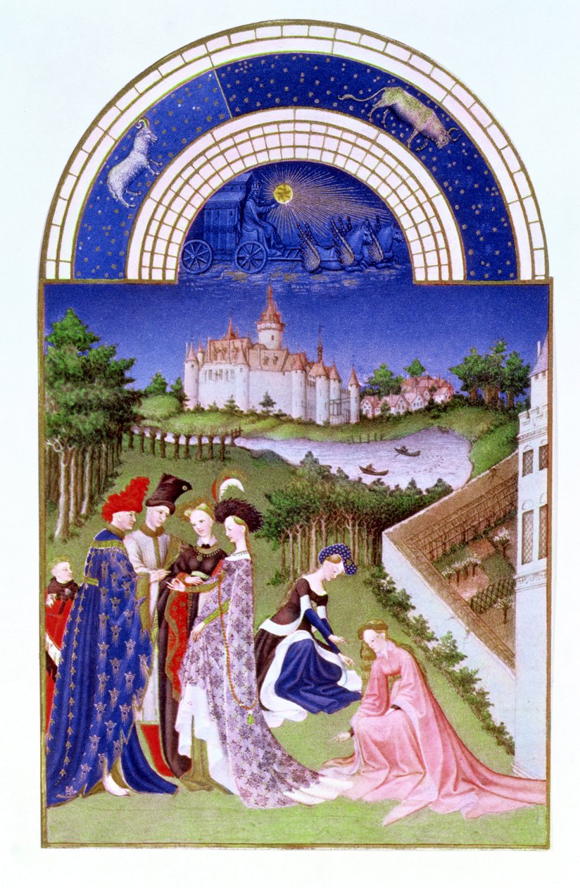 Faksimile af april: høviske figurer på slottets område af brødrene Limbourg, fra Tres Riches Heures du Duc de Berry (for original se 8436) af French School