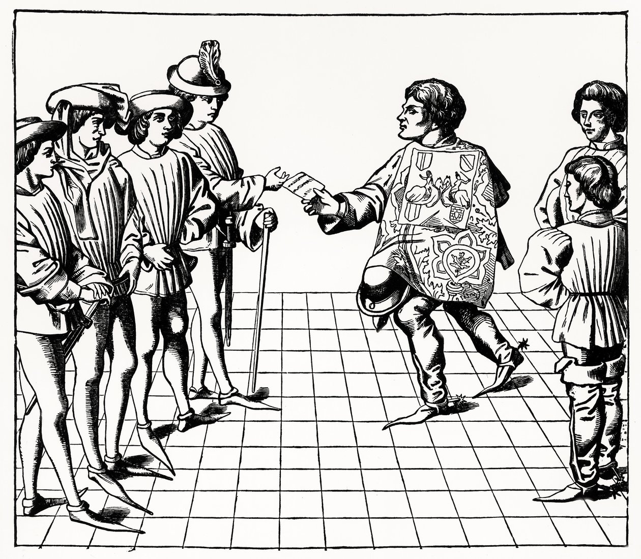 Våbenkongens mode og måde, fra Tournois du roy Rene, illustration fra videnskab og litteratur i middelalderen og renæssancen, skrevet og indgraveret af Paul Lacroix, 1878 (gravin af French School
