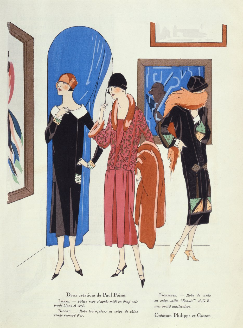 Modedesign til besøgende på kunstgallerier af Paul Poiret og Philippe et Gaston, fra magasinet Art, Gout, Beaute, 1925 af French School