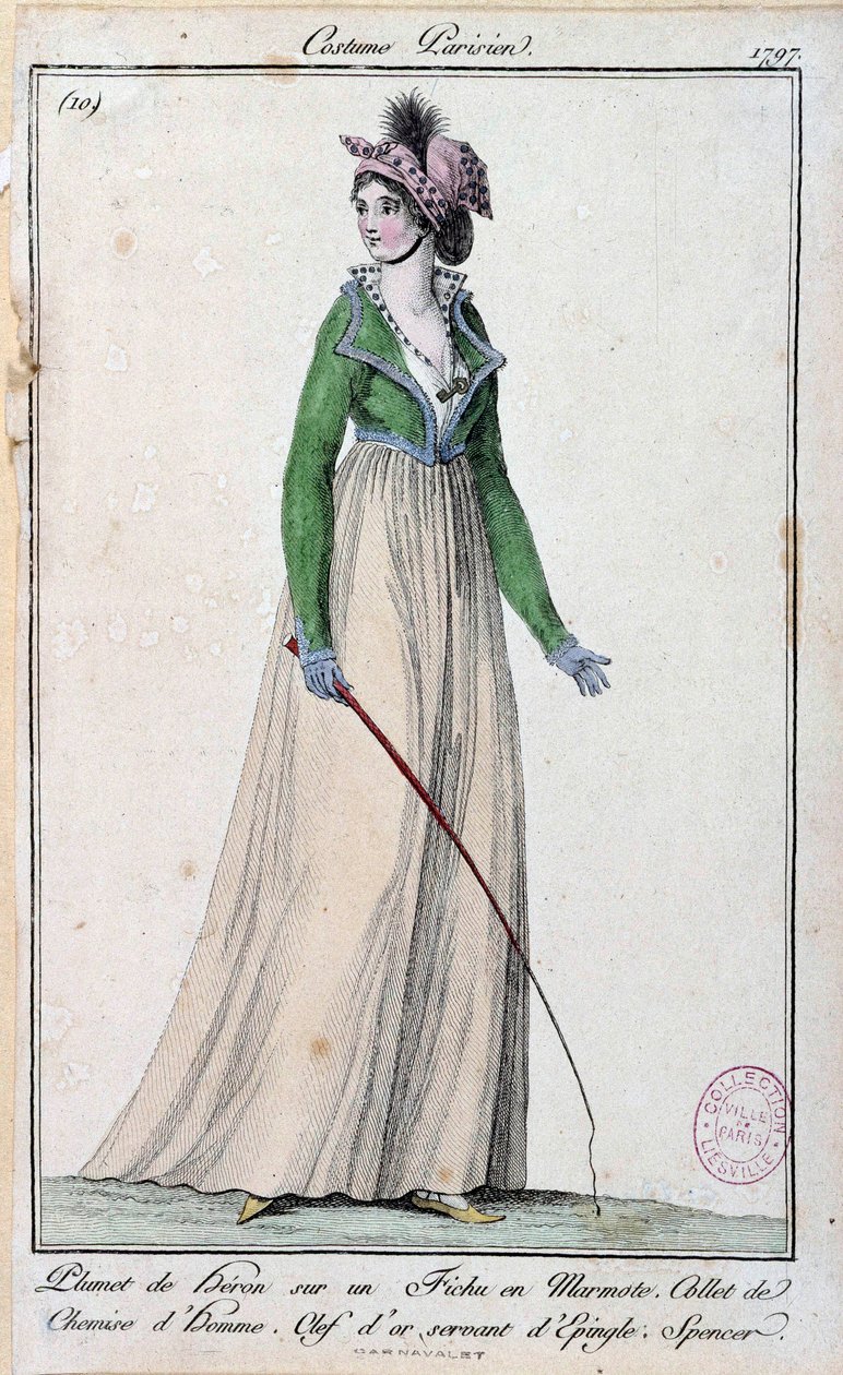 Feminin mode under Directoire: en ung parisisk elegante klædt i en hejrefjer på en murmeldyr, en krave på en herreskjorte og en gylden nøgle, der fungerer som en nål. 1797 Paris, musee du costume af French School
