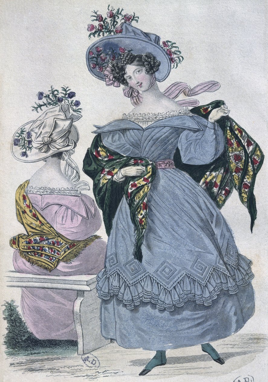 Modeplade, Paris, illustration fra Le Petit Courrier des Dames, 1830 (farvegravering) af French School