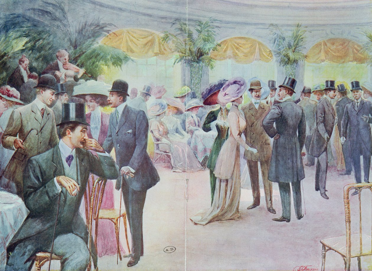 Modeplade, der forestiller en samfundssammenkomst, 1908 af French School