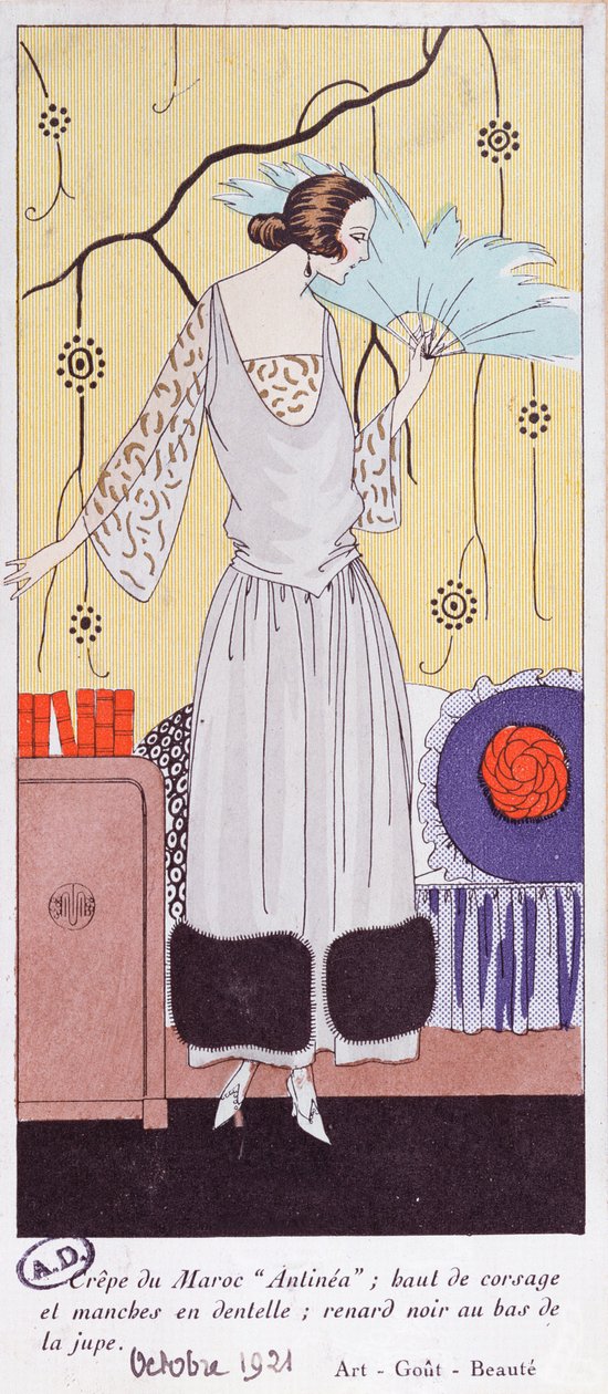 Modeplade, der forestiller en vifte lavet af fjer, fra Art, Gout, Beaute, 1921, (pochoir-tryk) af French School