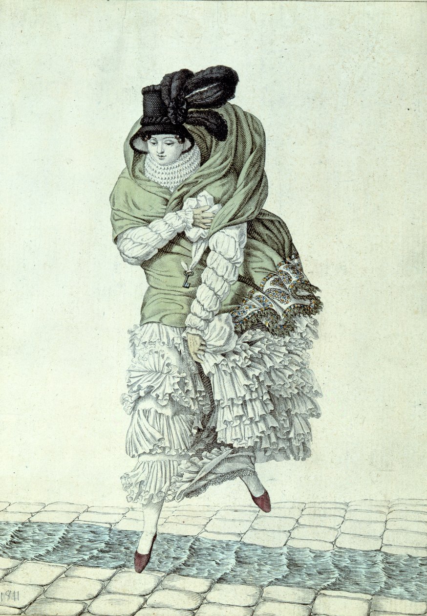 Modeplade, der forestiller en dame, der krydser en kloakstrøm, 1811 (farvegravering) af French School