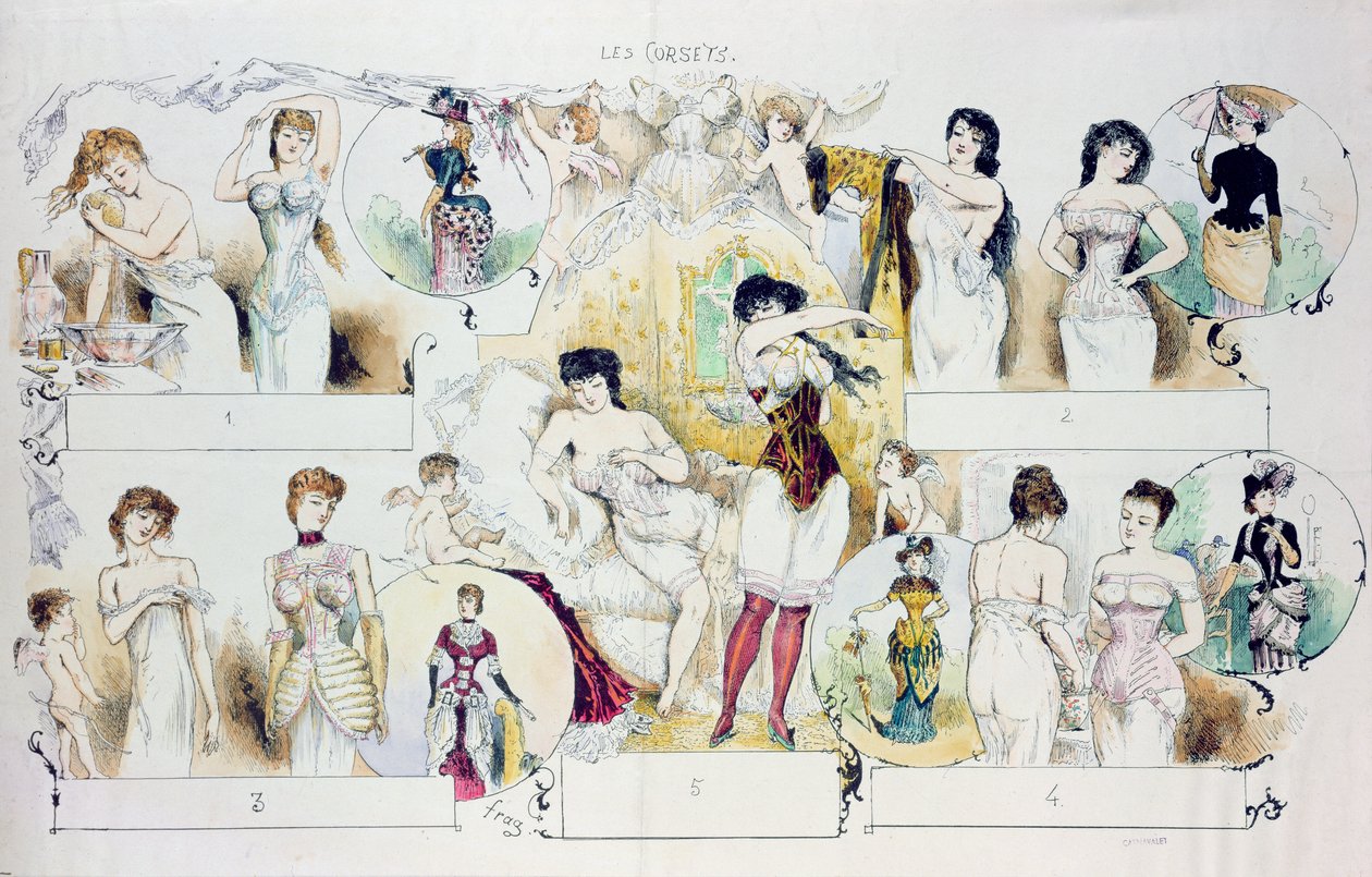 Modeplade til La Vie Parisienne forestillende korsetter, ca. 1870 (farvegravering) af French School