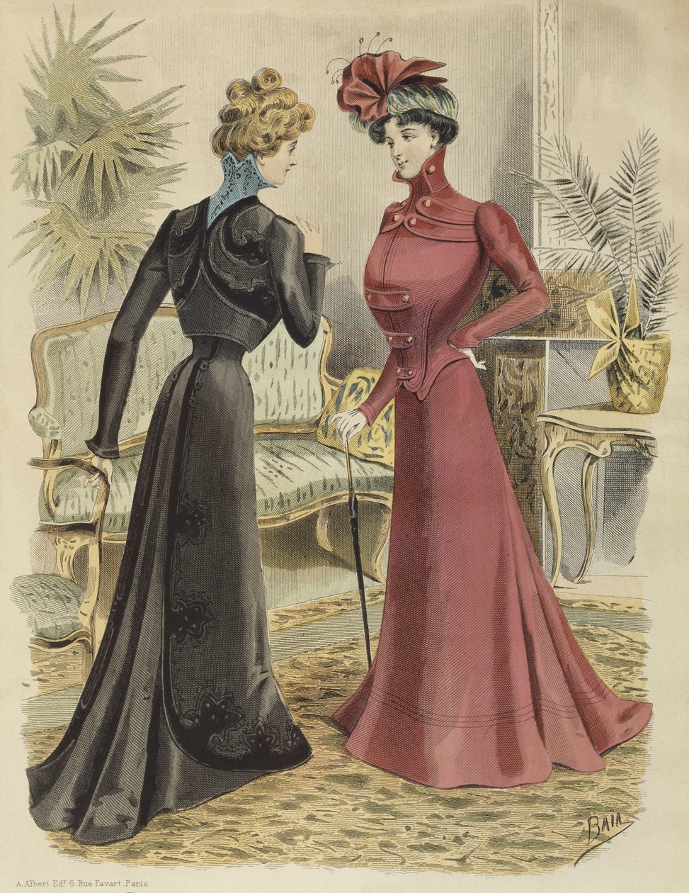 Modetallerken, i stuen, illustration fra La Nouvelle Mode, 1897 (farvegravering) af French School