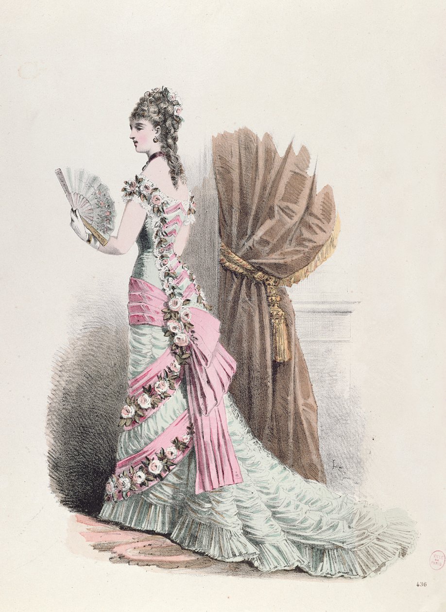 Modetallerken af en kvinde i aftenkjole og med vifte, 1877 (farvegravering) af French School