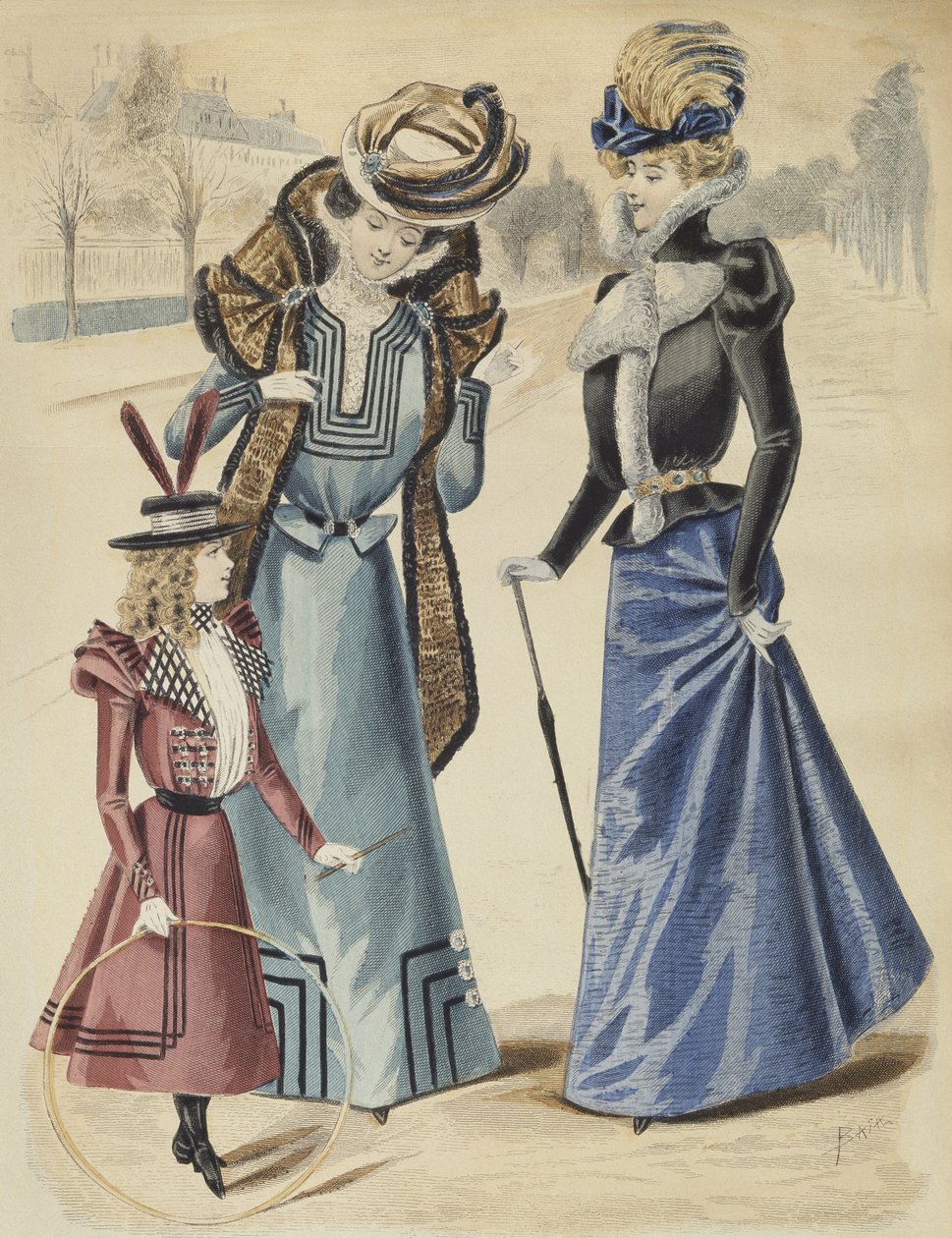 Modeplade, på boulevarden, illustration fra La Nouvelle Mode, 1897 (farvegravering) af French School