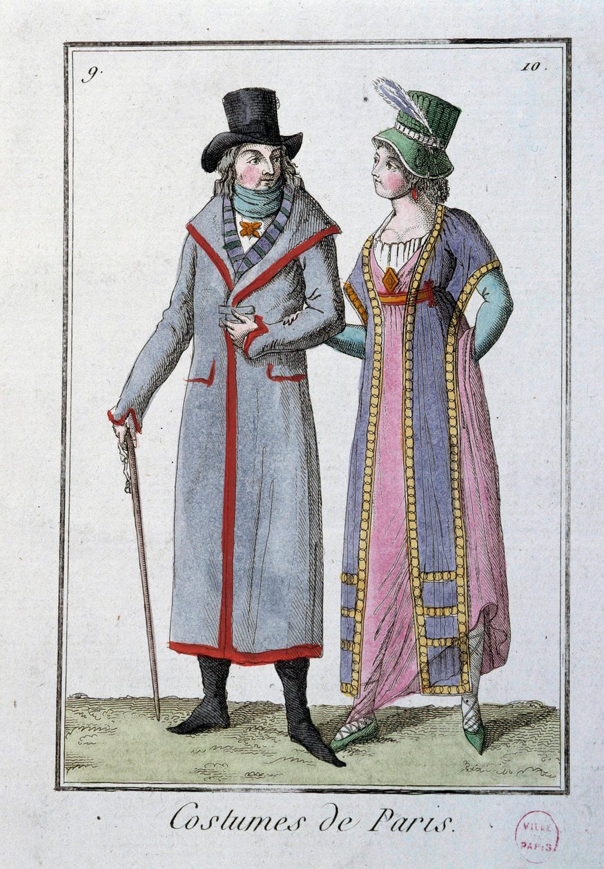 Mode under Directoire: et par elegante parisere. Anonym litografi af 1795. Paris, kostumemuseum af French School