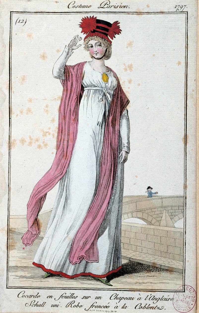 Mode under Directoire: elegant ung kvinde iført parisisk jakkesæt: cocarde i lagner på engelsk hat, kjole rynket pande med koblentz. Anonym gravering. 1797 Paris, Musee du costume af French School