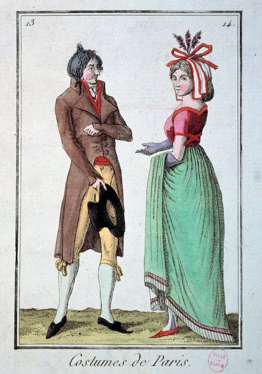 Mode under vejviseren: et par elegante, kvinden bærer hat hos gartneren. Gravering fra 1795. Paris, kostumemuseet af French School
