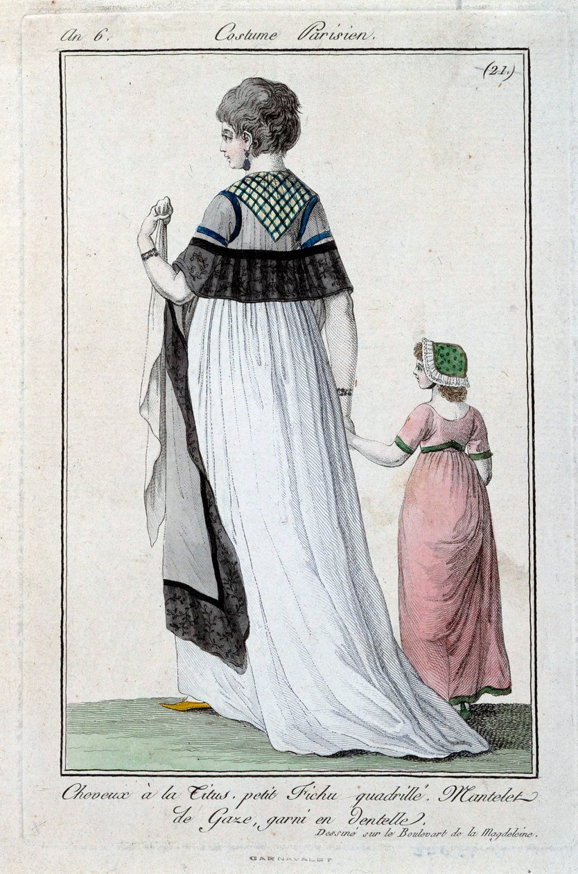 Mode under ledelsen: elegant ung parisisk kvinde iført Titus, gazekappe med blonder. 1797. Paris, dragtmuseum af French School
