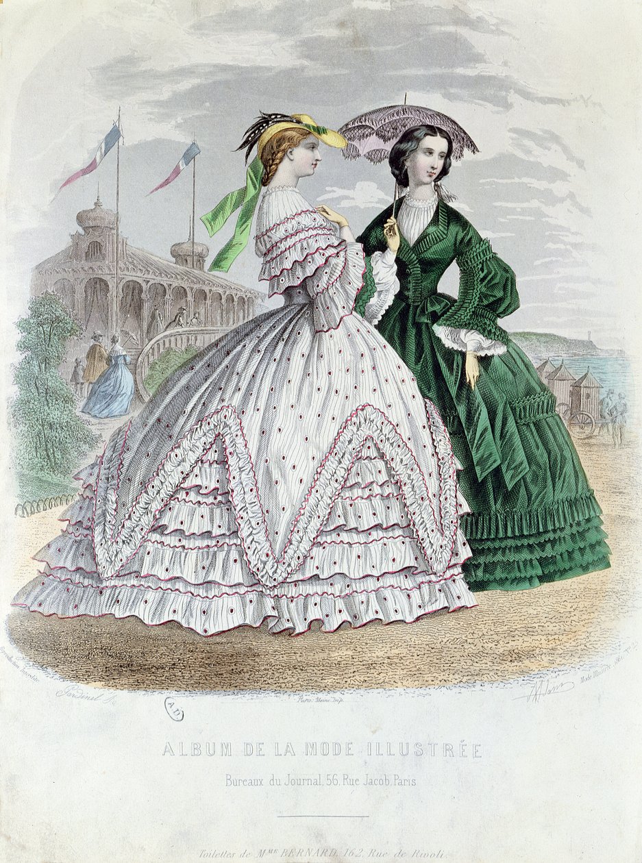 Moderigtige parisiske damer ved havet, 1861 (farvegravering) af French School