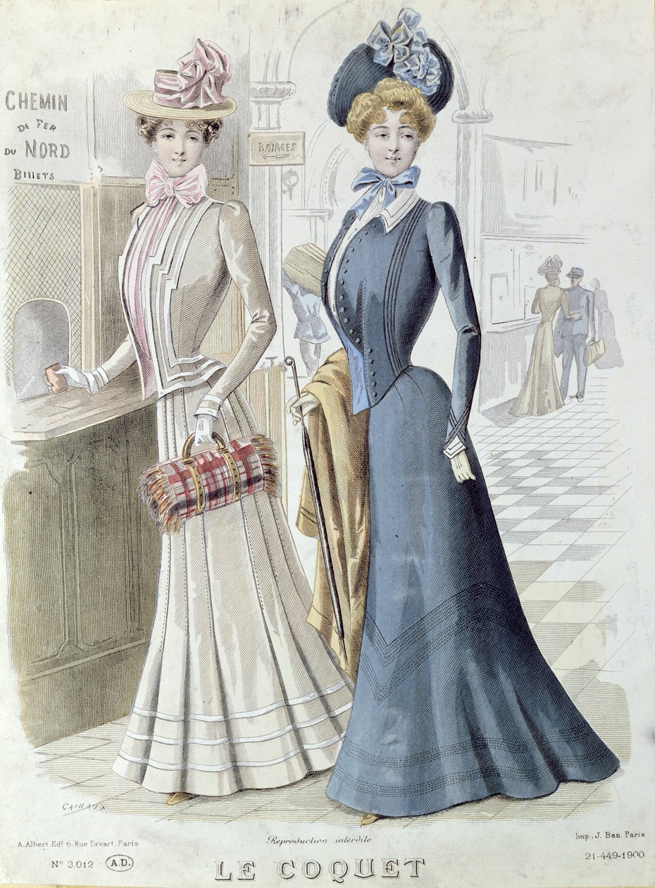Moderigtige damer ved billetkontoret på Gare du Nord i Paris, ca. 1900 af French School