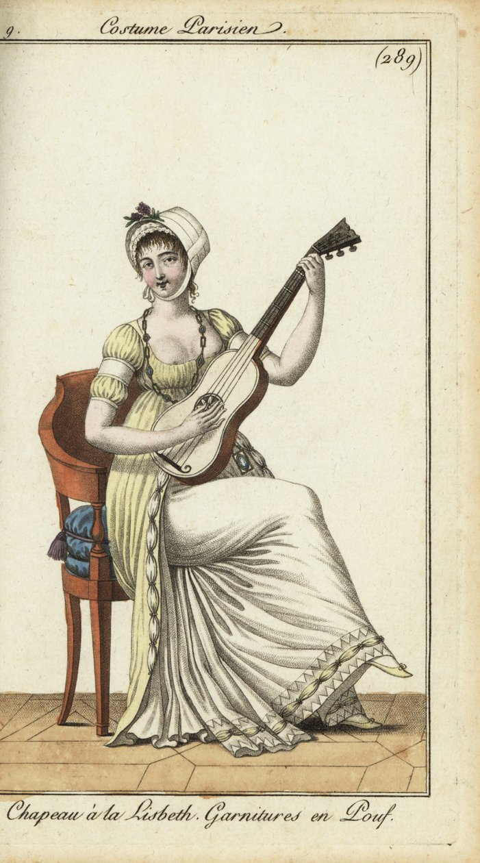 Moderigtig kvinde, der spiller guitar af French School