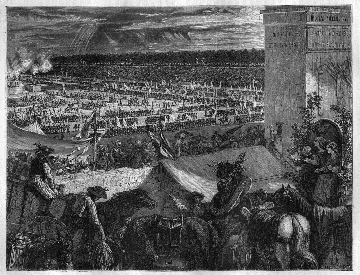 Forbundets fest på Champ de Mars i Paris på etårsdagen for erobringen af Bastillen den 14. juli 1790. Indgravering i "Histoire des Papes-Rois-Queen and Empereurs a travers les centuries" af Maurice Lachatre af French School