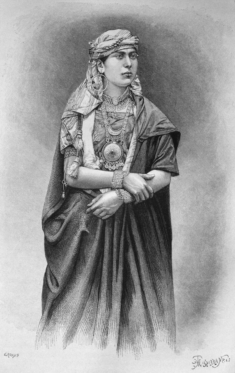 Fellaheen-pige iført en ceremoniel kjole, fra Syrien i dag. Rejser i Fønikien, Libanon og Judæa. 1875-1880 af Louis Charles Emile Lortet, 1884 (bw gravering) af French School