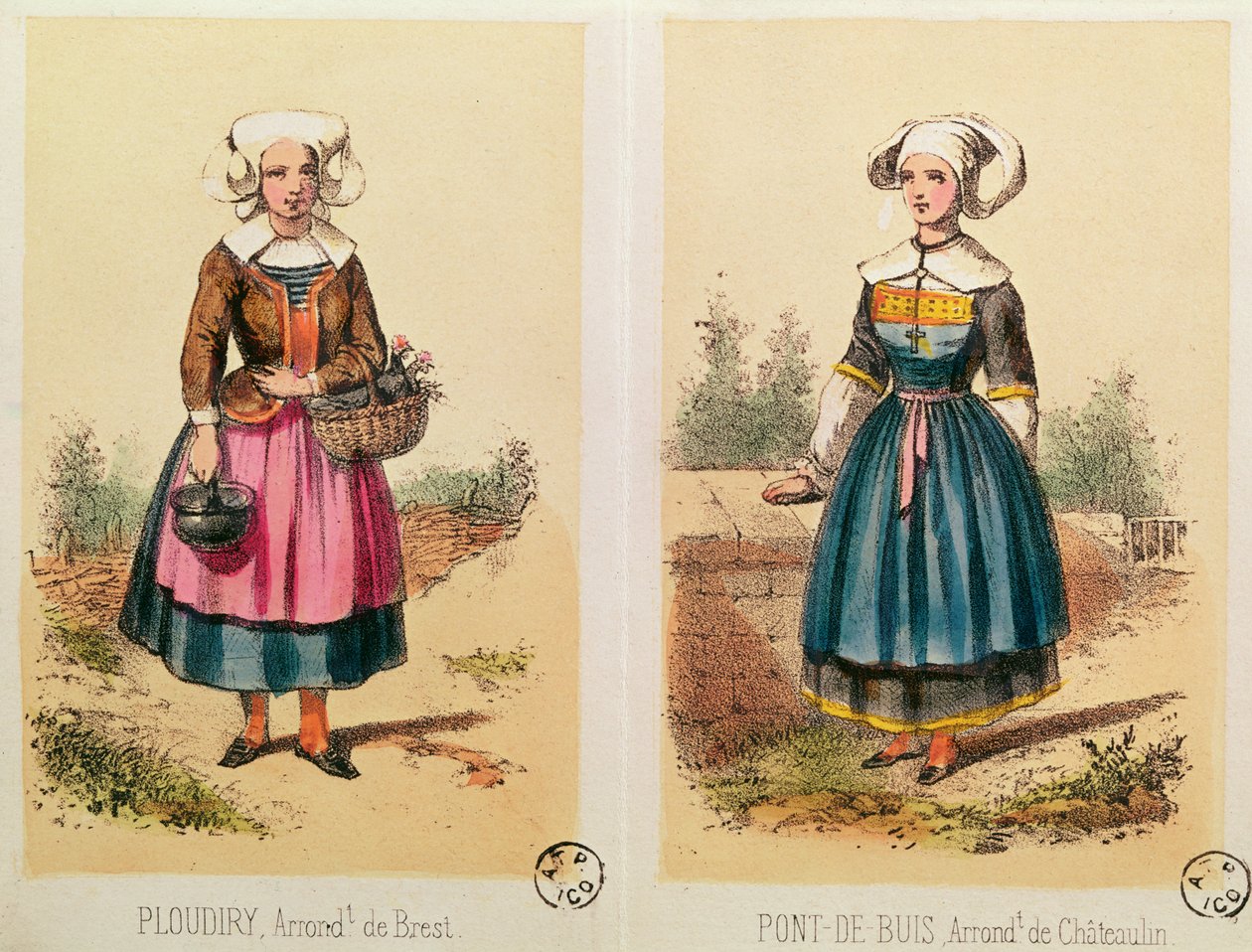 Kvindelige kostumer fra Ploudiry og Pont de Buis, fra Les Costumes Bretons de Sorrieu af French School