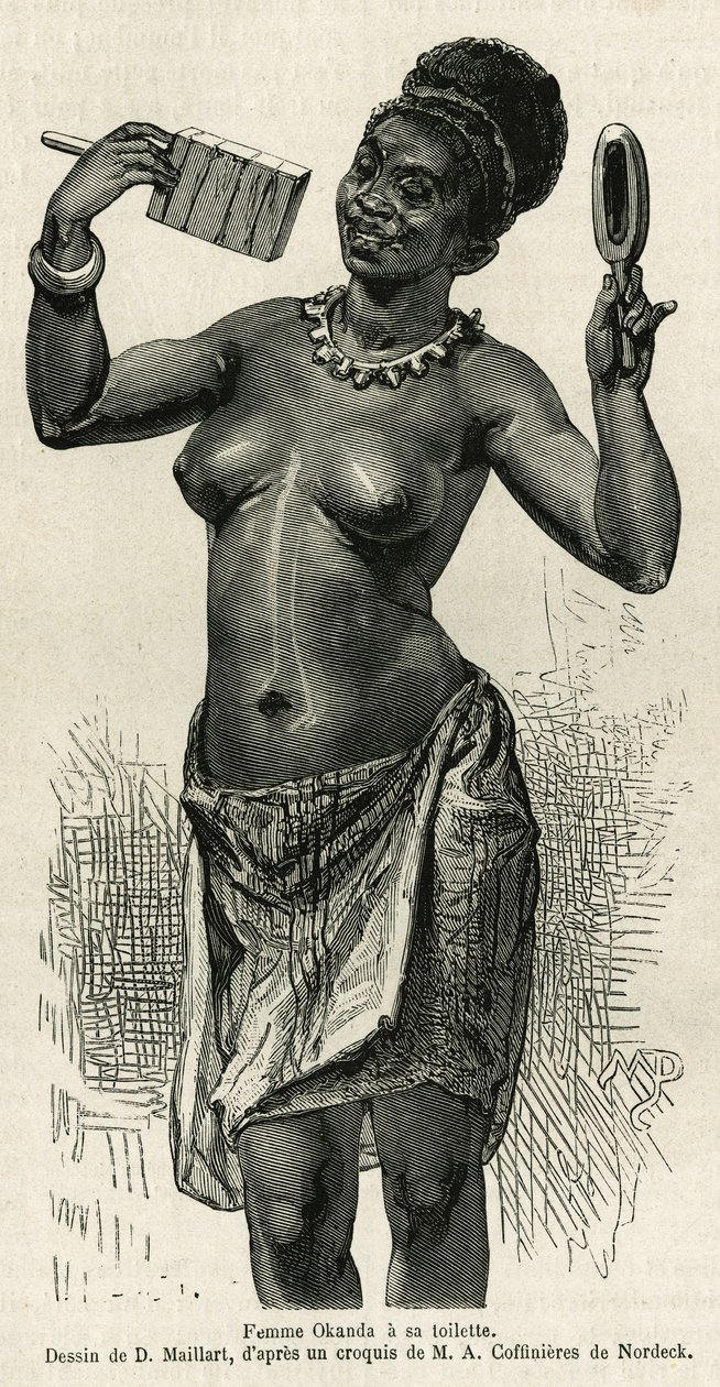 Femme Okanda har sit toilet, tegnet af D.Maillard, for at illustrere historien om en tur til Gabon og Ogoue-floden i 1875-1877 af Alfred Marche. Indgravering i Le tour du monde af French School