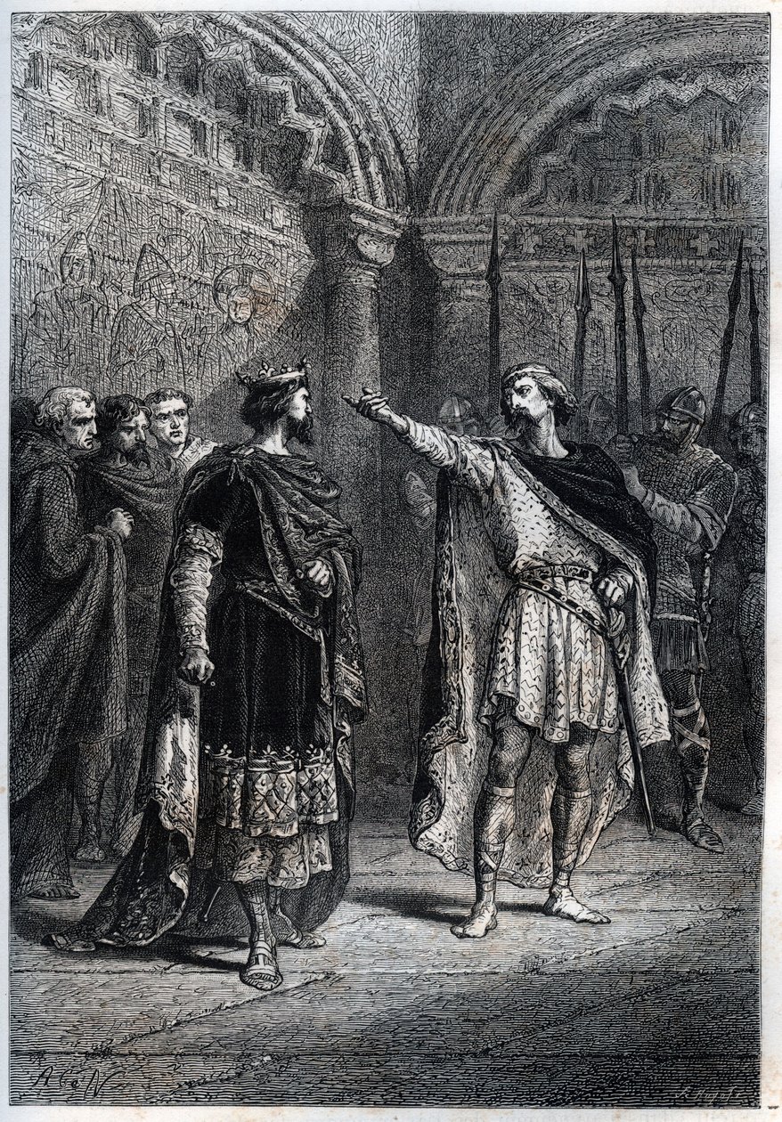 Feodalt regime: "Hvem gjorde dig til konge? “” : Audebert (Adalbert), greve af Perigord (968-995), svarer uforskammet til kong Hugues Capet (938-996), der spurgte ham, hvem der fik ham til at tælle - Gravering af dæk af “Histoire de France” af Guizot af French School