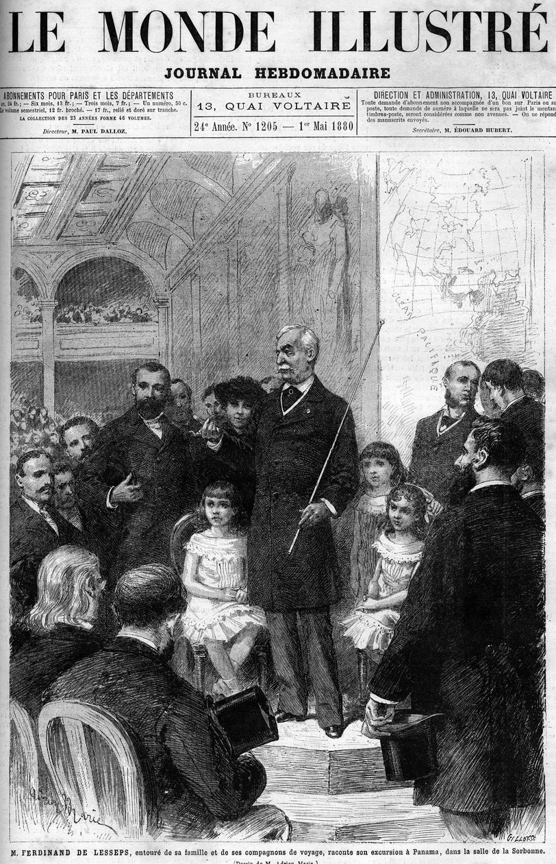 Ferdinand de Lesseps er omgivet af sin familie og rejsekammerater og fortæller om sin tur til Panama i Salle de la Sorbonne. Cover af "Illustrous World" fra 1880. af French School
