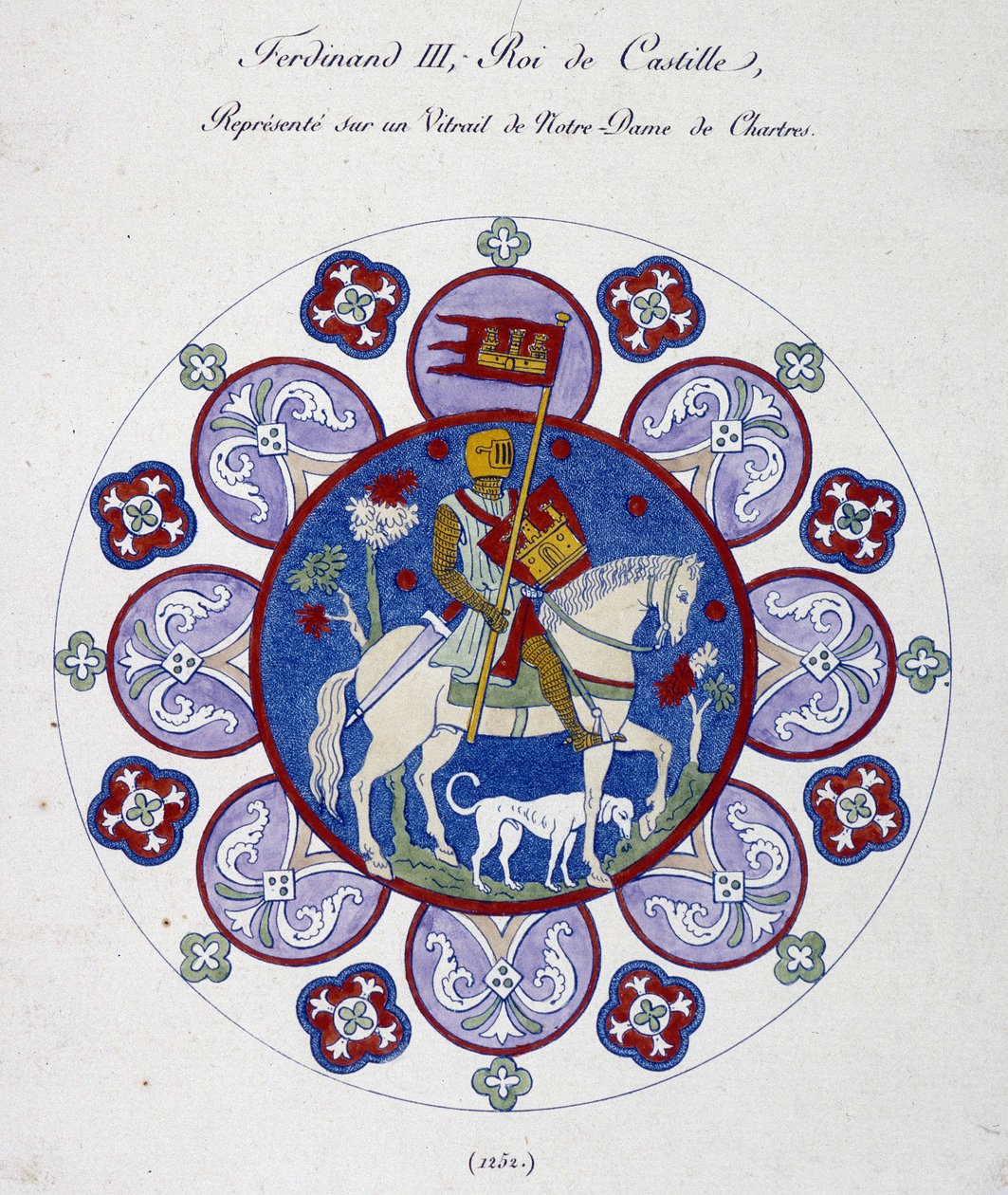 Fernand III, konge af Castilien, repræsenterer på et farvet glas af Notre Dame de Chartres (1252). College lignelse. af French School