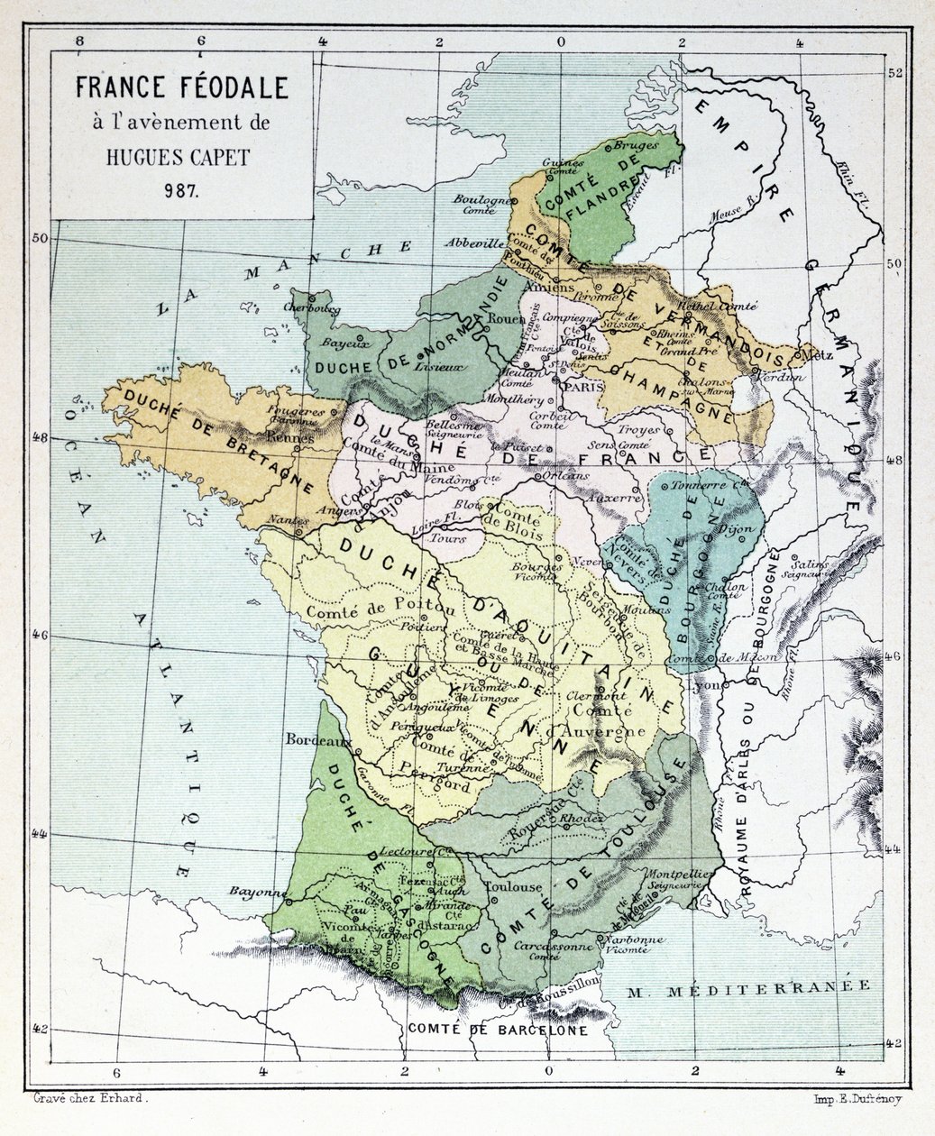 Feudal Frankrig på tidspunktet for tiltrædelsen af Hugues Capet i 987, kort illustreret i en Histoire de France c.1880 af French School