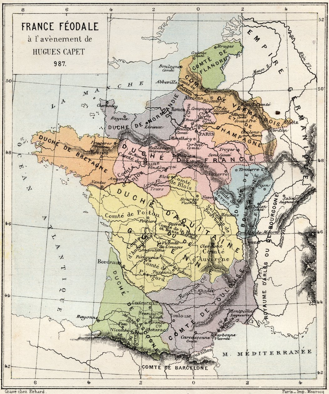 Feudalisme - Frankrig Feudalisme ved fremkomsten af ​​Hugues Capet - 987 - gravering fra "" Frankrigs historie fortalt til mine børnebørn"" - af Francois Guizot - 1872-1876 af French School