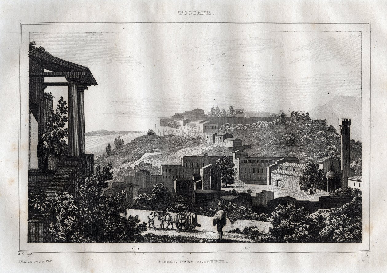 Fiesole -Toscana - Gravering fra "" Det maleriske Italien"" af M. de Norvins, Ch. Nodier 1834-1836. af French School