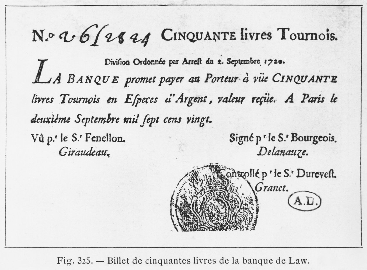 Halvtreds pund fransk seddel fra Law Bank, dateret 2. september 1720 af French School