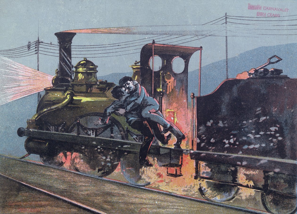 Kamp mellem Jacques Lantier (1840-70) og Pecqueux på toget, Le Lison, scene fra La Bete Humaine af Emila Zola (1840-1902) illustration fra Le Petit Rouennais af French School