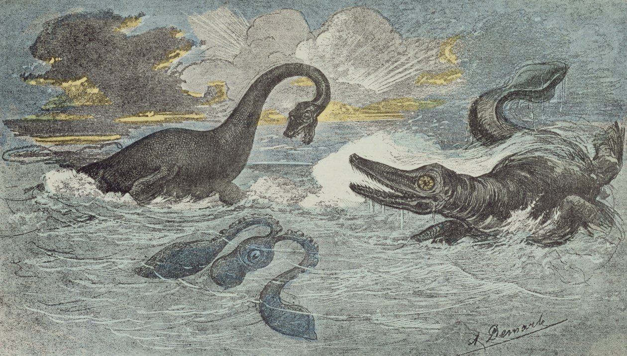 Kamp mellem en Plesiosaurus og en Ichthiosaurus i Liassic- eller Jurassic-perioden (208 til 146 millioner år siden), 1880 (farvegravering) af French School