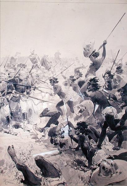Kamp mellem zuluer og engelske soldater, ca. 1878 (akvarel på papir) af French School