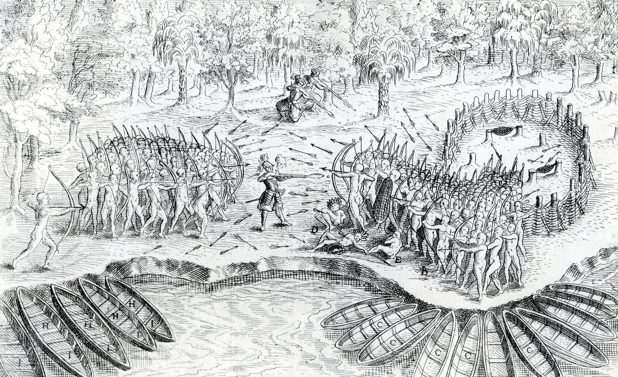 Fighting of Hurons, fra Voyage de Champlain i 1624 af Samuel de Champlain, 1567-1635 af French School