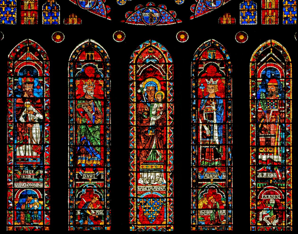 Figurer under vinduet med nordrosen: Melkisedek, David, Sankt Anne, Salomon, Aron og scener (w121) af French School