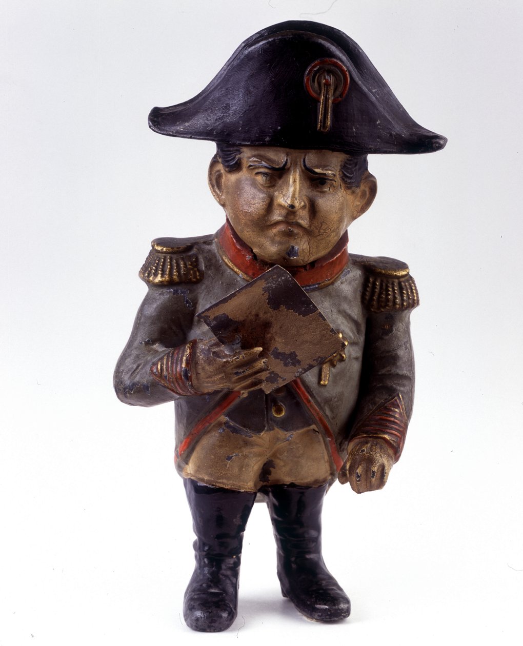 Figur brugt som sparegris med billede af Napoleon I. Statuette fra anden halvdel af det 19. århundrede. Indsamling til tidligere soldater. af French School