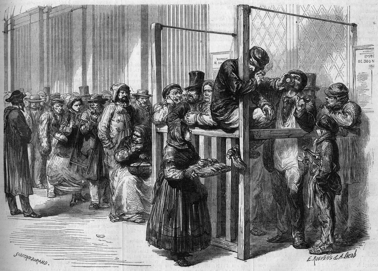 Stil dig i kø ved en skranke i rue Mont Thabor i Paris for at abonnere på det nationale lån på tre hundrede og femten millioner lanceret af den franske regering i 1864. Indgravering i ""Le Monde Illustre"" nr. 355 af 30. januar 1864. af French School