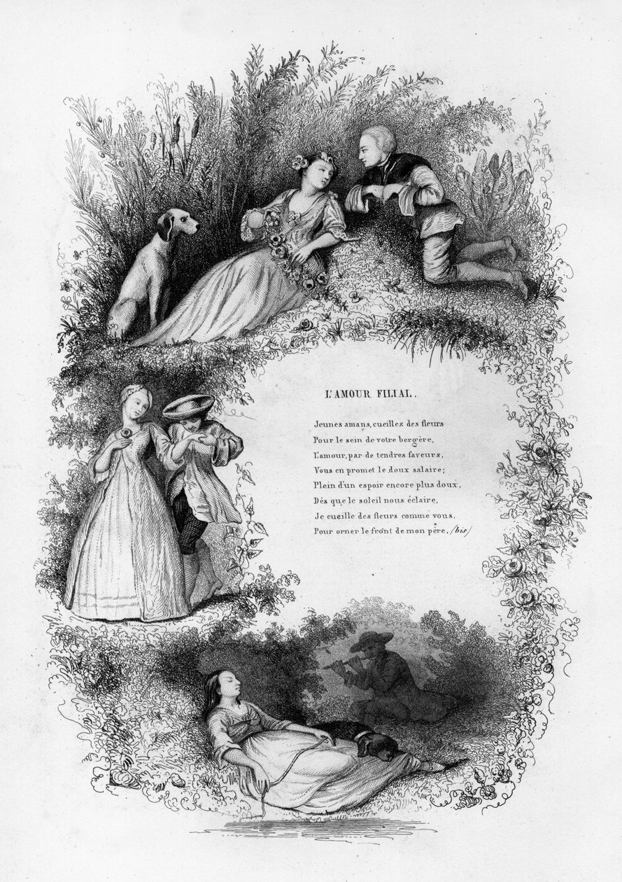 Familiekærlighed. En ung mand forfører tre unge kvinder på landet. Indgravering i "" Chants et chansons populaire de la France", Tome 2 af French School