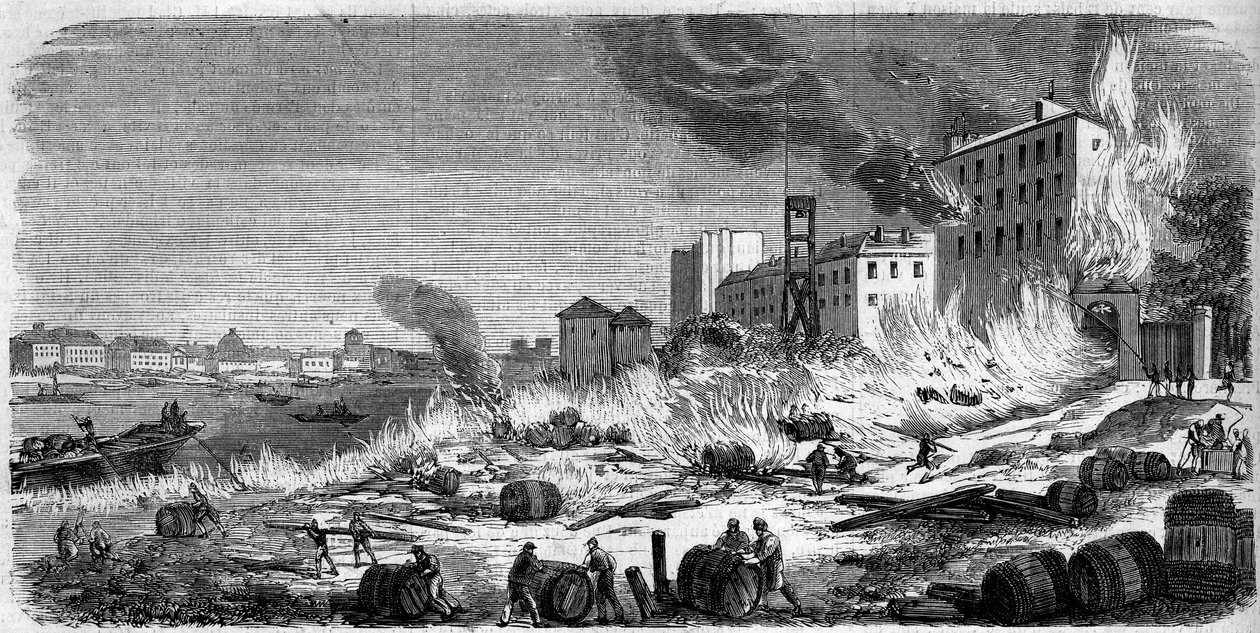 Brand i Bercy vinlagre den 5. august 1860. Indgravering i "" Le Monde Illustré"" nr. 174 af 11. august 1860. af French School